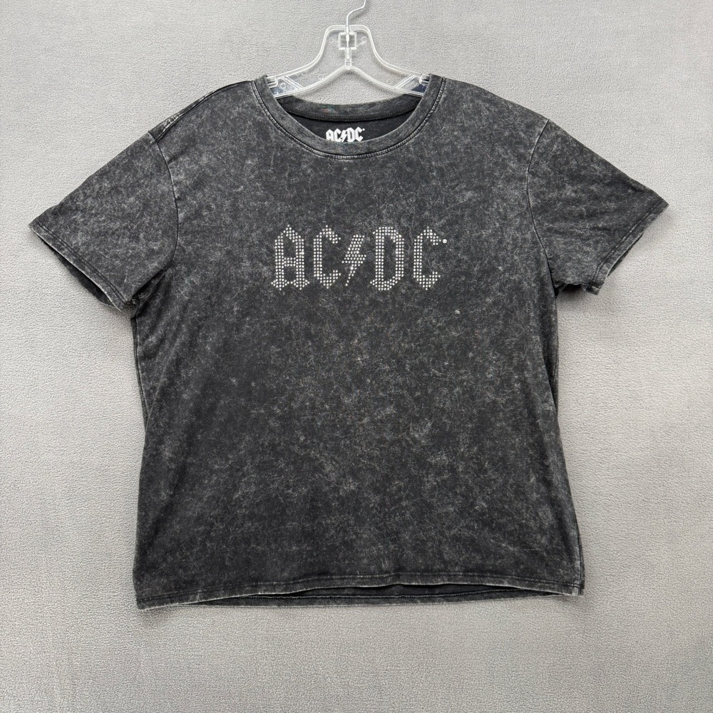 AC/DC Rhinestone Graphic T-Shirt Womens Medium Charcoal Acid Wash Boxy Tee 2024